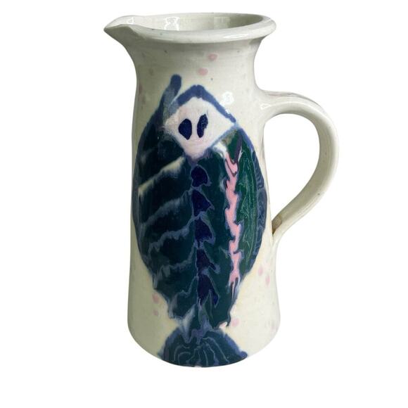 Handmade Pottery Vintage Pitcher Fish Design Signed Studio Art Ceramic 8" Tall - Picture 3 of 12